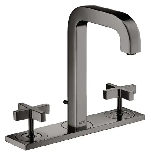 Waschtischarmatur mit zwei Kreuzgriffen und einem hohen Auslauf in Polished Black Chrome von AXOR, montiert auf einer Platte mit Zugstangen-Ablaufgarnitur.